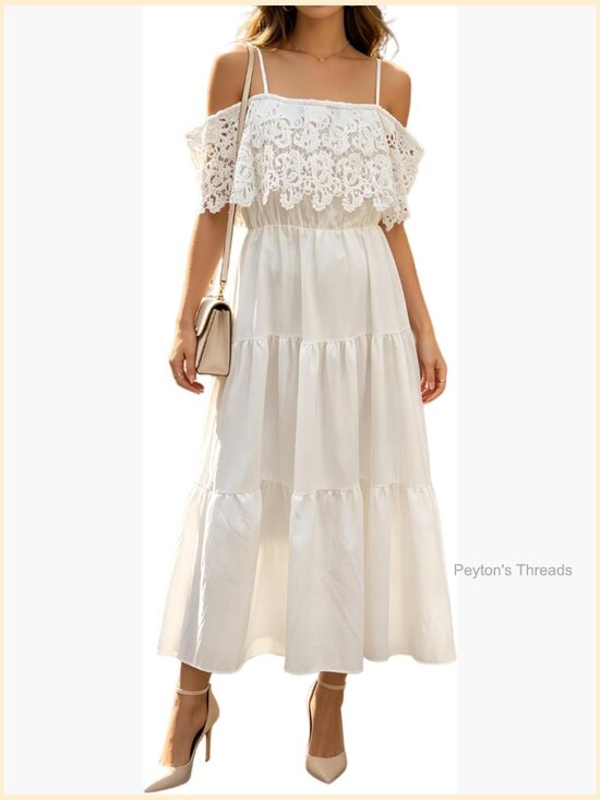 Dresses & Skirts - Off Shoulder Maxi Dress with Spaghetti Straps Elastic Waist A-Line Boho Formal